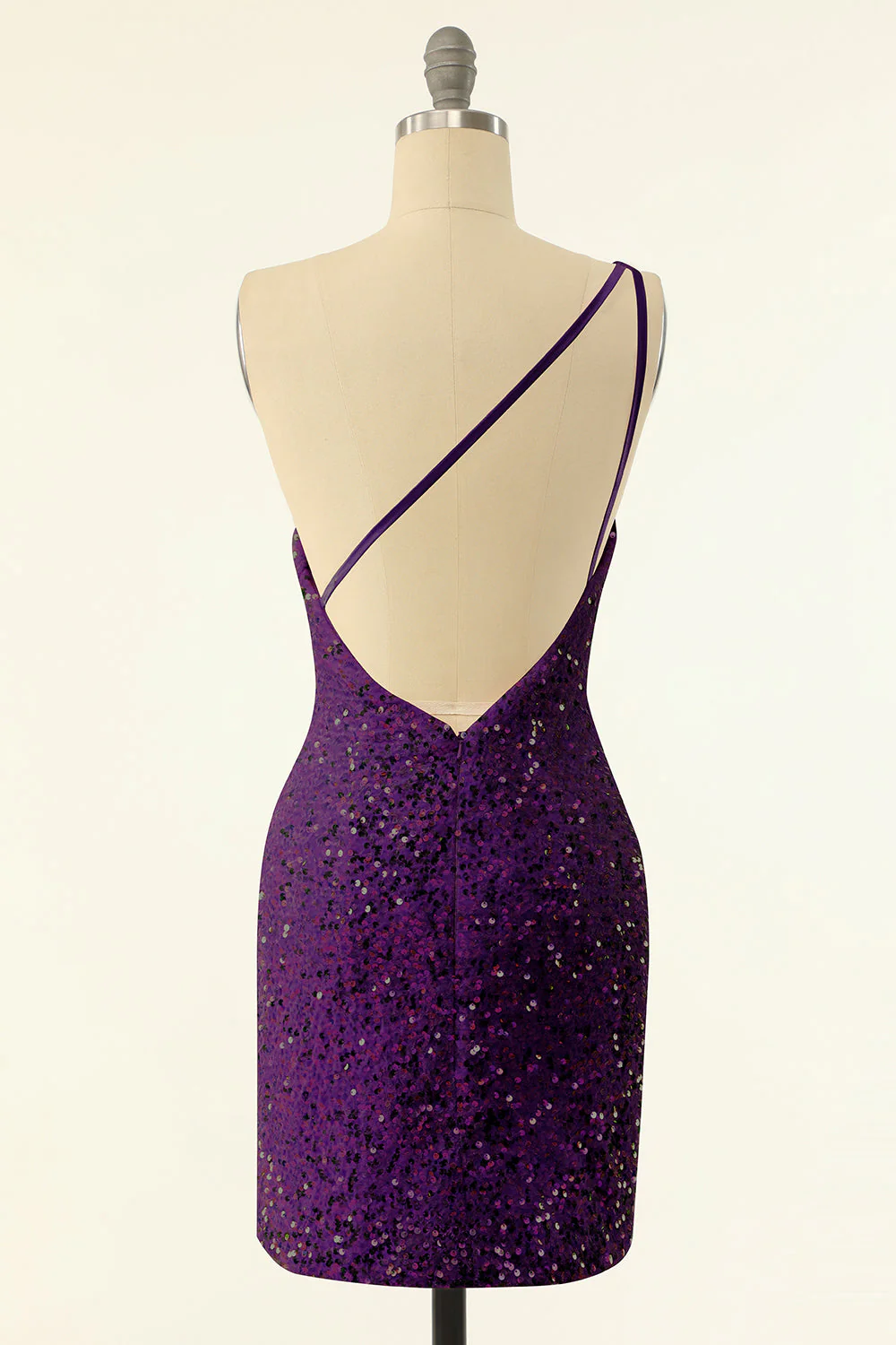 Purple One Shoulder Sequins Robe de retour - Image 2