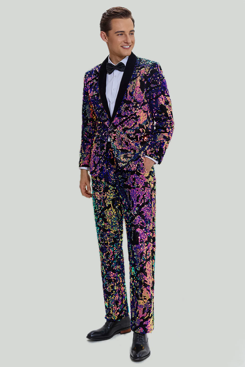 Costume homme 2 pièces violet pailleté à col châle un bouton - Image 6