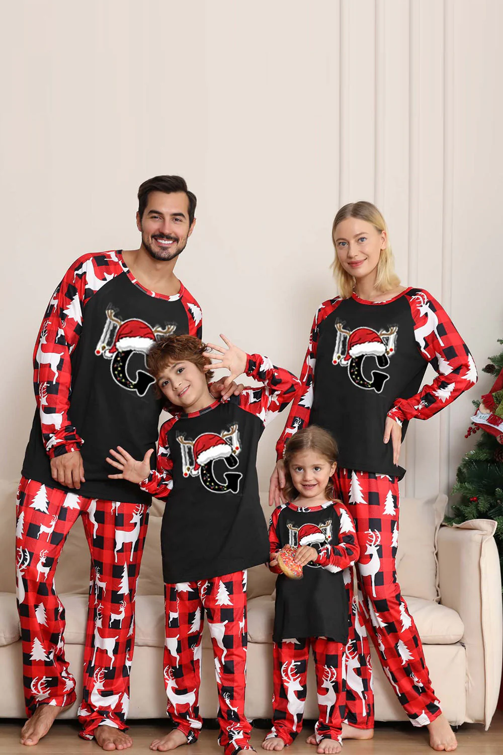 Pyjama de Noël noir rouge à manches longues avec motif cerf - Image 2
