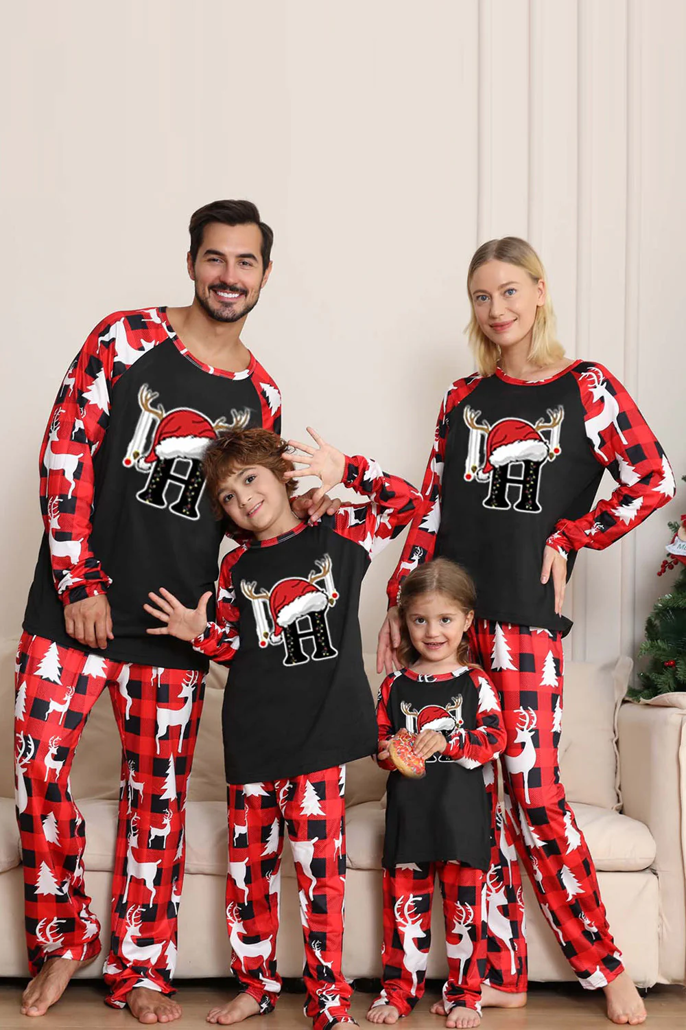 Pyjama de Noël noir rouge à manches longues avec motif cerf - Image 3