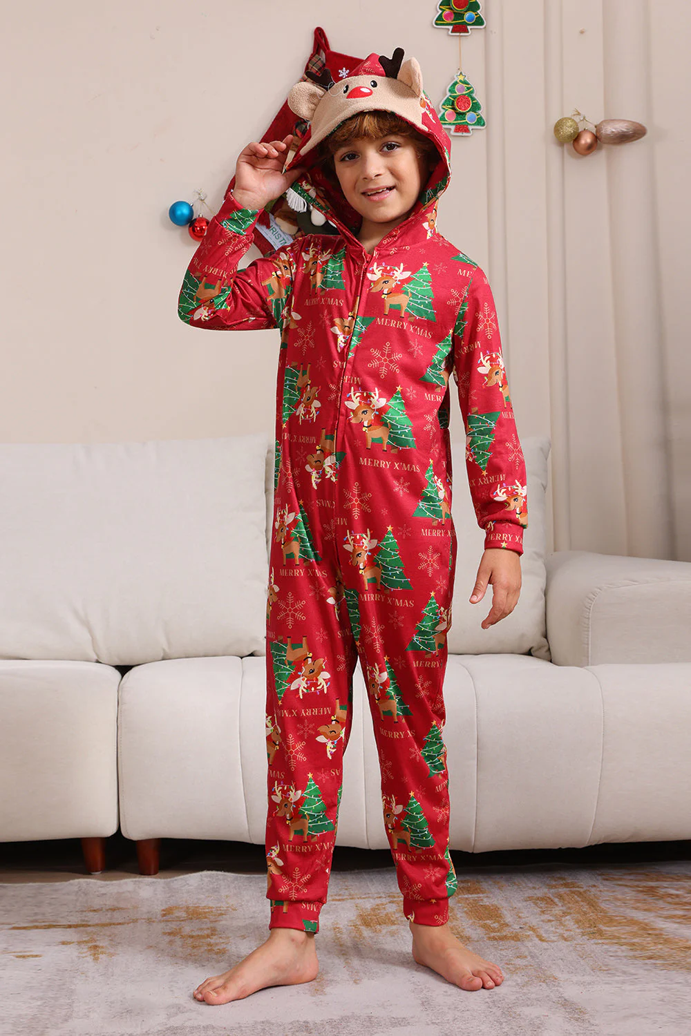 Pyjama une pièce de Noël assorti à imprimé sapin de Noël rouge - Image 8