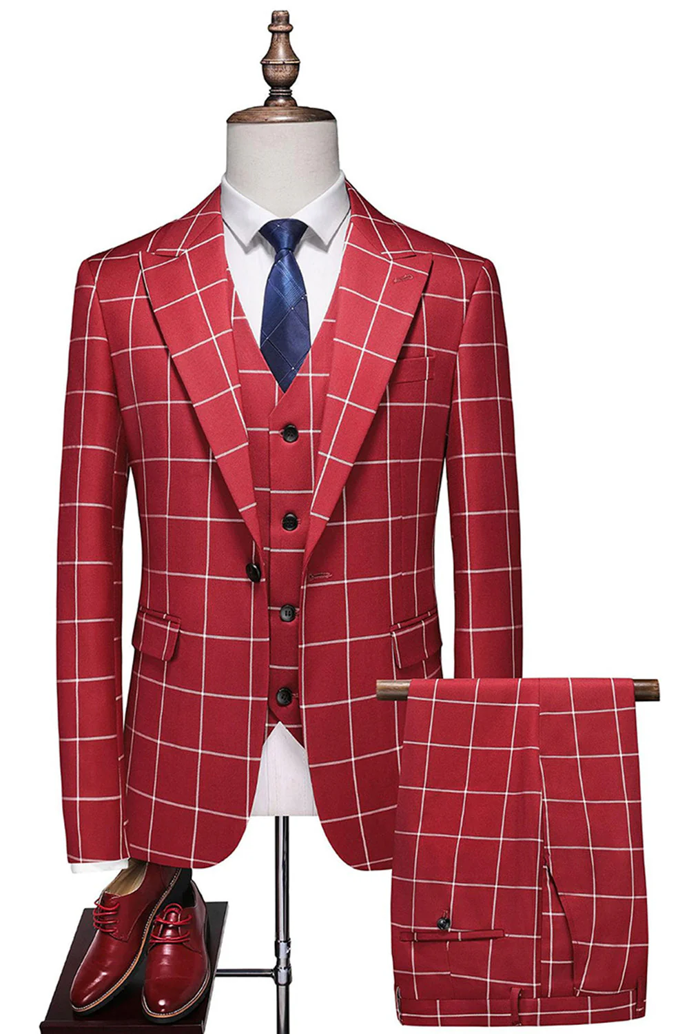 Costume de bal pour homme 3 pièces à rayures rouges et revers pointus