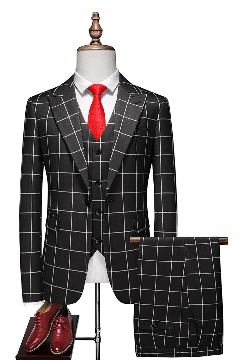 Costume de bal pour homme 3 pièces à rayures rouges et revers pointus - Image 8