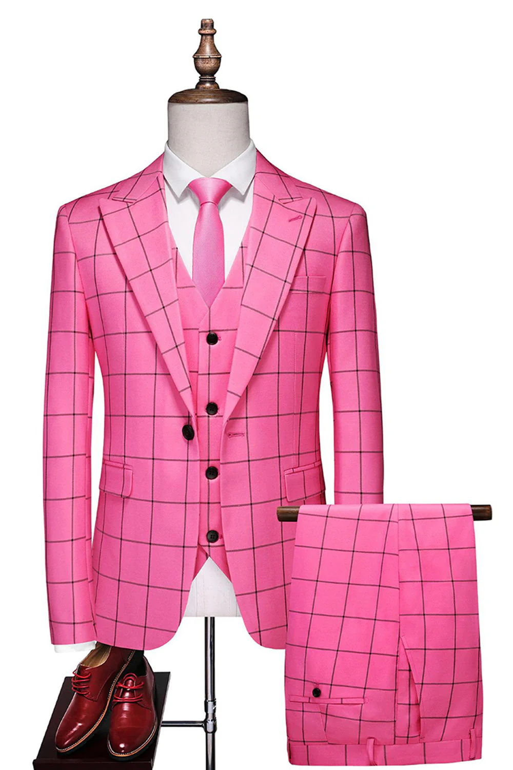 Costume de bal pour homme 3 pièces à rayures rouges et revers pointus - Image 9