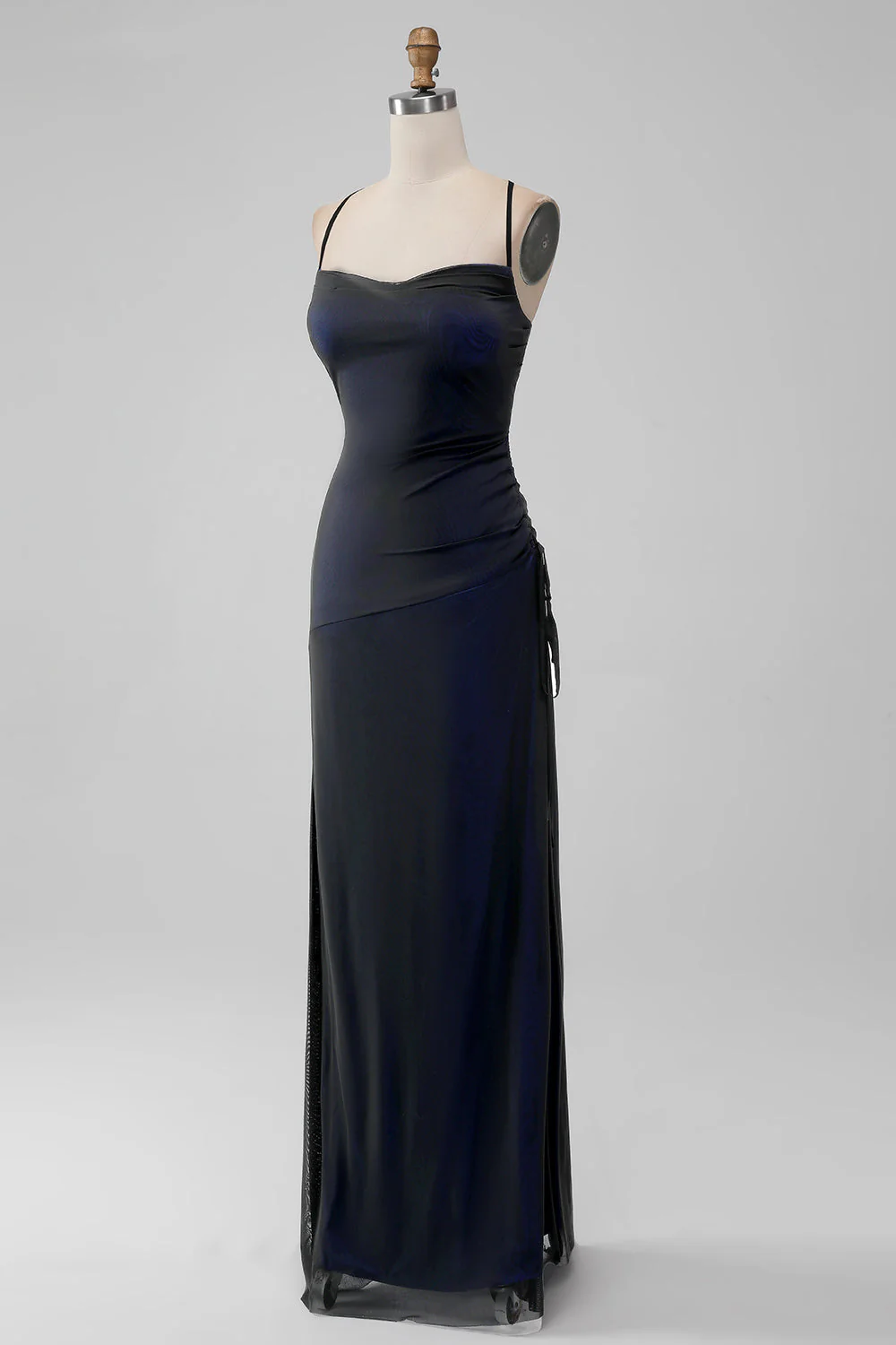 Retour Robe longue de demoiselle d’honneur à bretelles spaghetti sirène bleue avec fente - Image 3