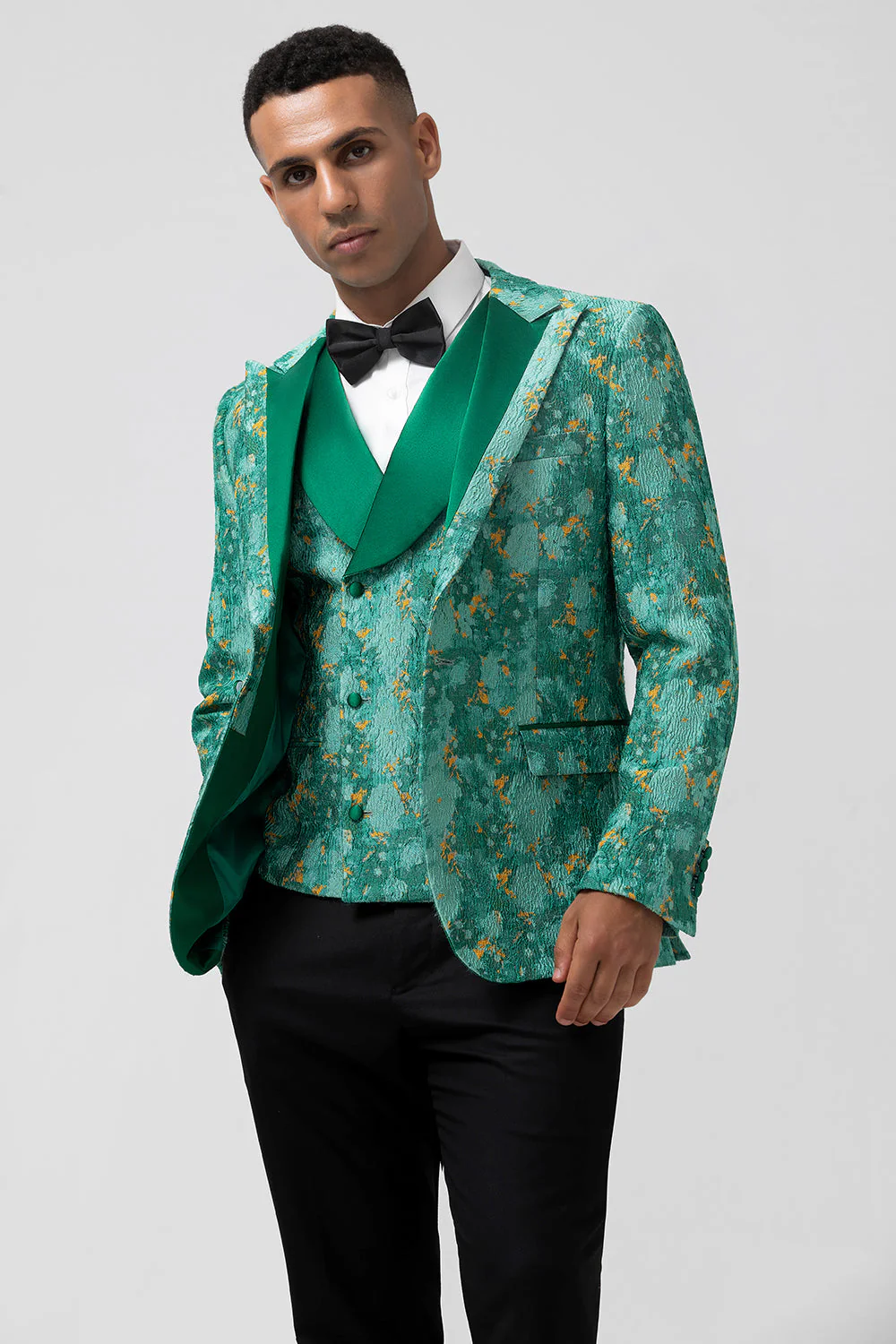 Revers en pointe verte 3 pièces Jacquard un bouton Costumes de bal pour hommes - Image 3