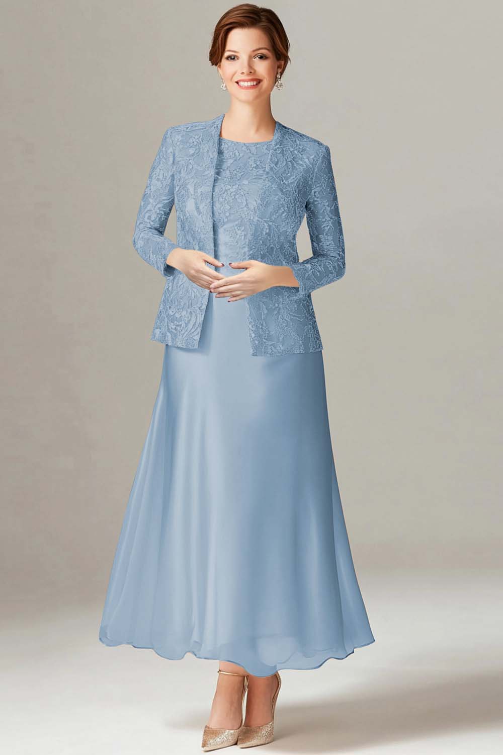 Robe 2 pièces Mère de la mariée en mousseline de champagne trapèze - Image 10
