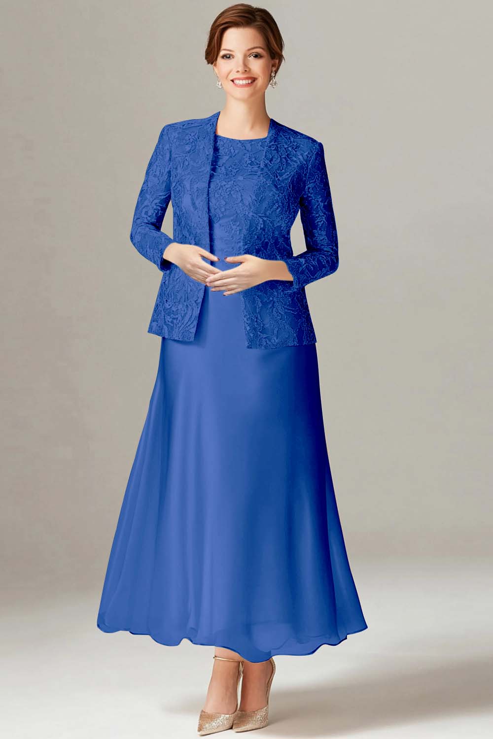 Robe 2 pièces Mère de la mariée en mousseline de champagne trapèze - Image 14