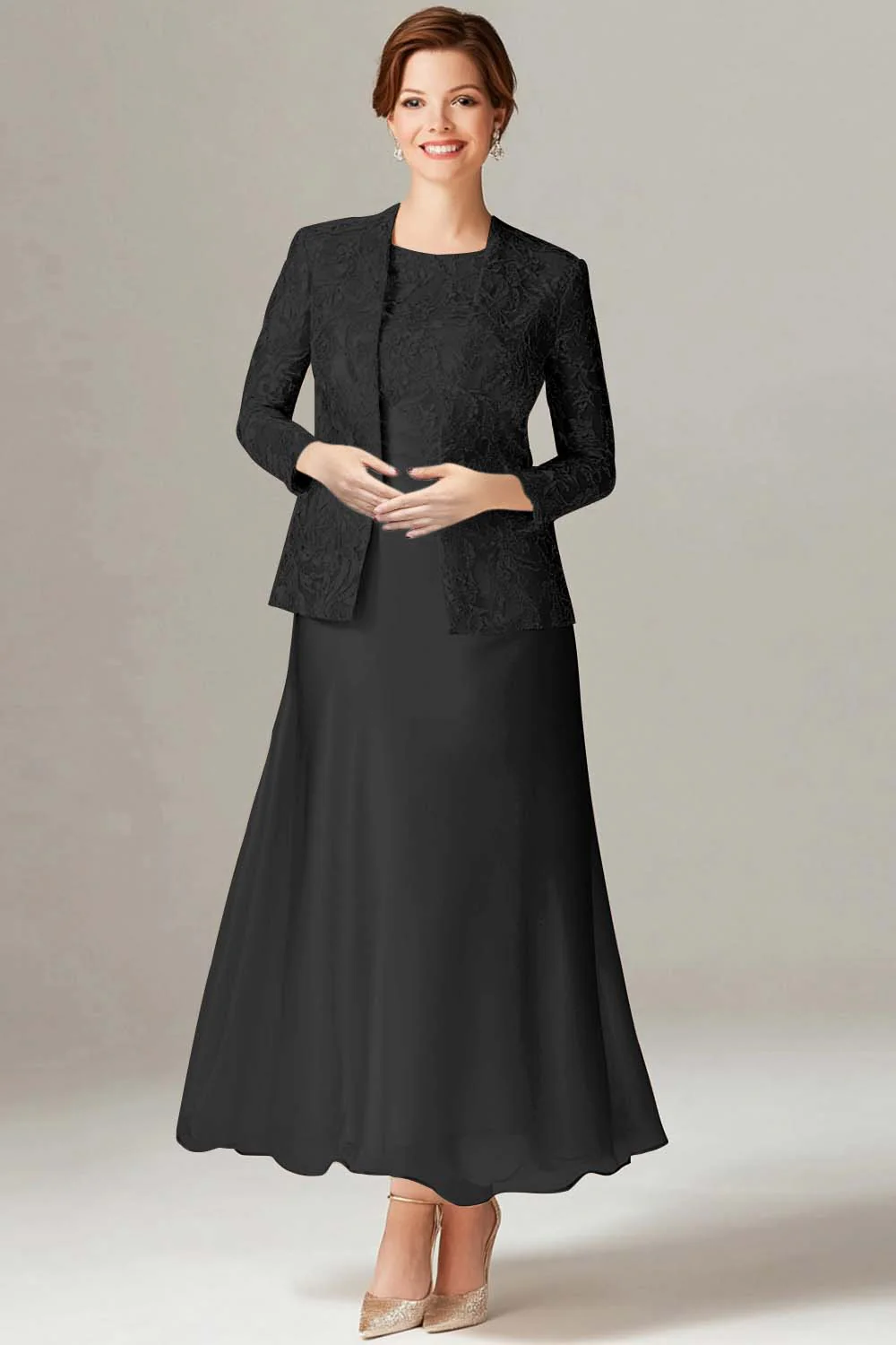 Robe 2 pièces Mère de la mariée en mousseline de champagne trapèze - Image 6