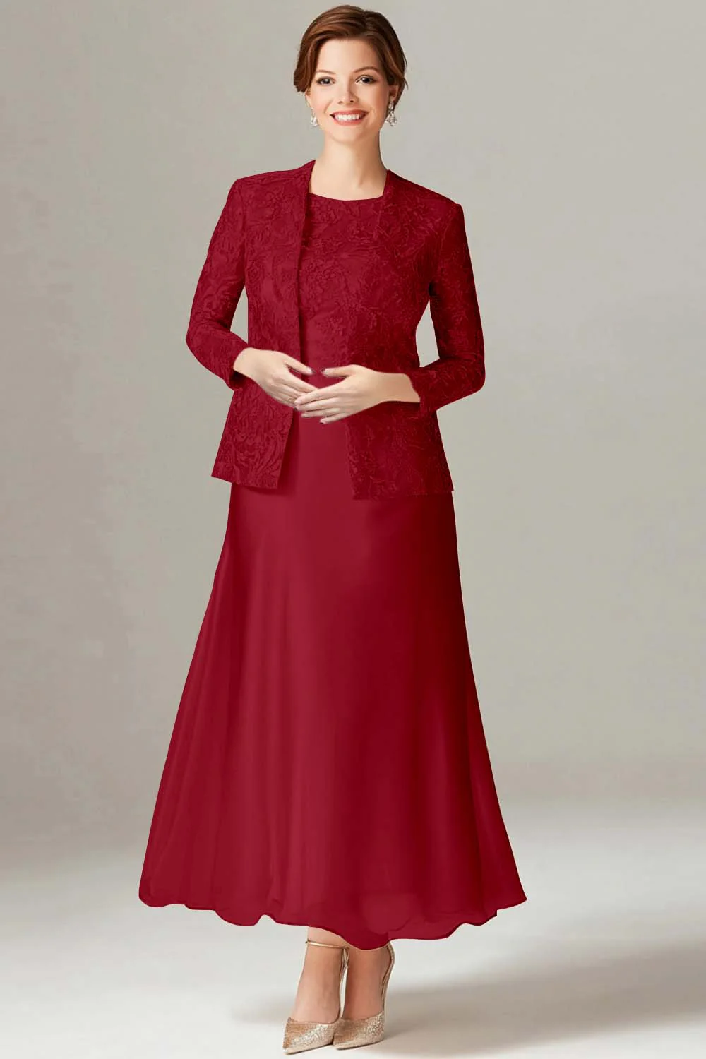 Robe 2 pièces Mère de la mariée en mousseline de champagne trapèze - Image 8