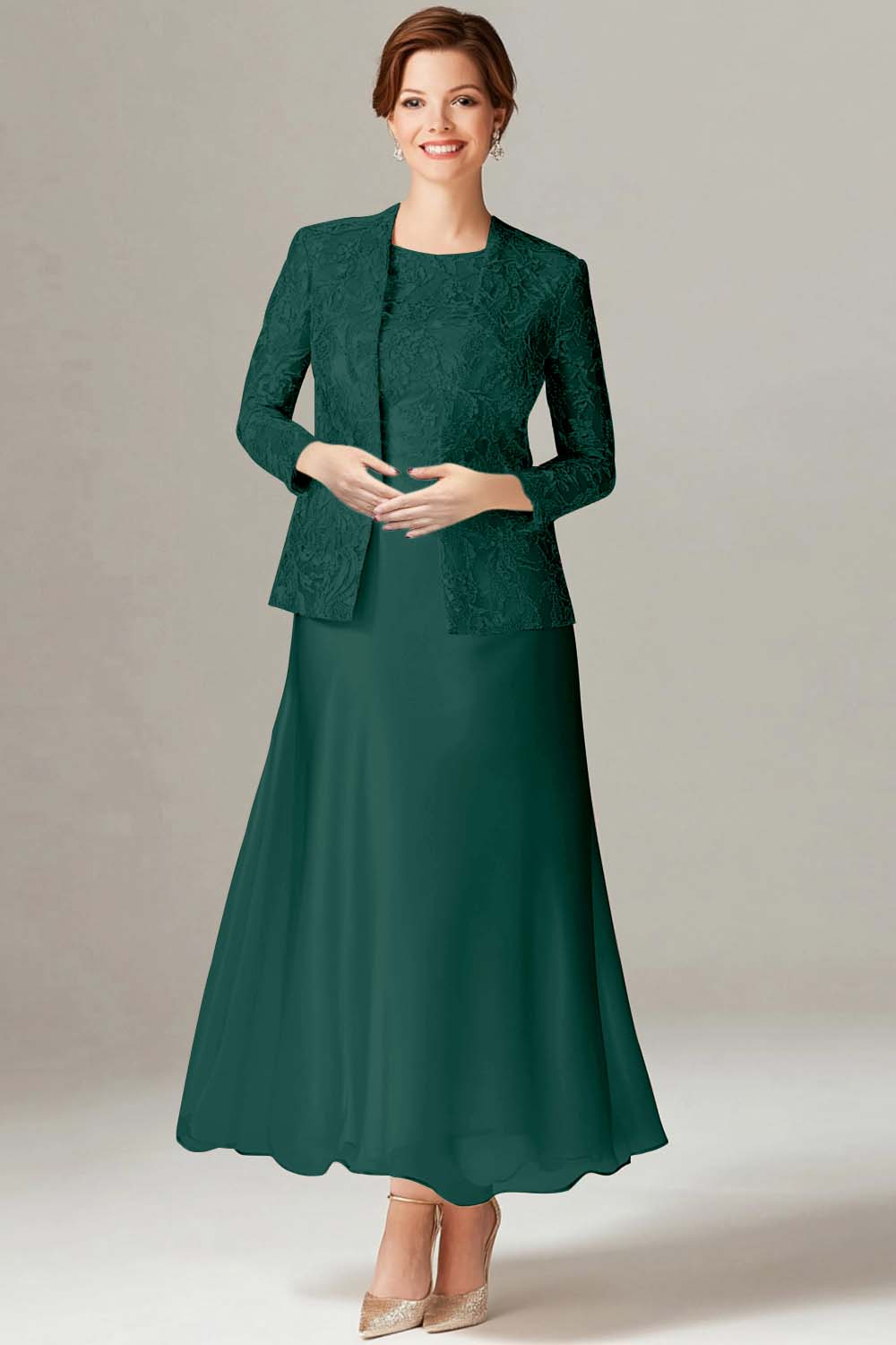 Robe 2 pièces Mère de la mariée en mousseline de champagne trapèze - Image 9