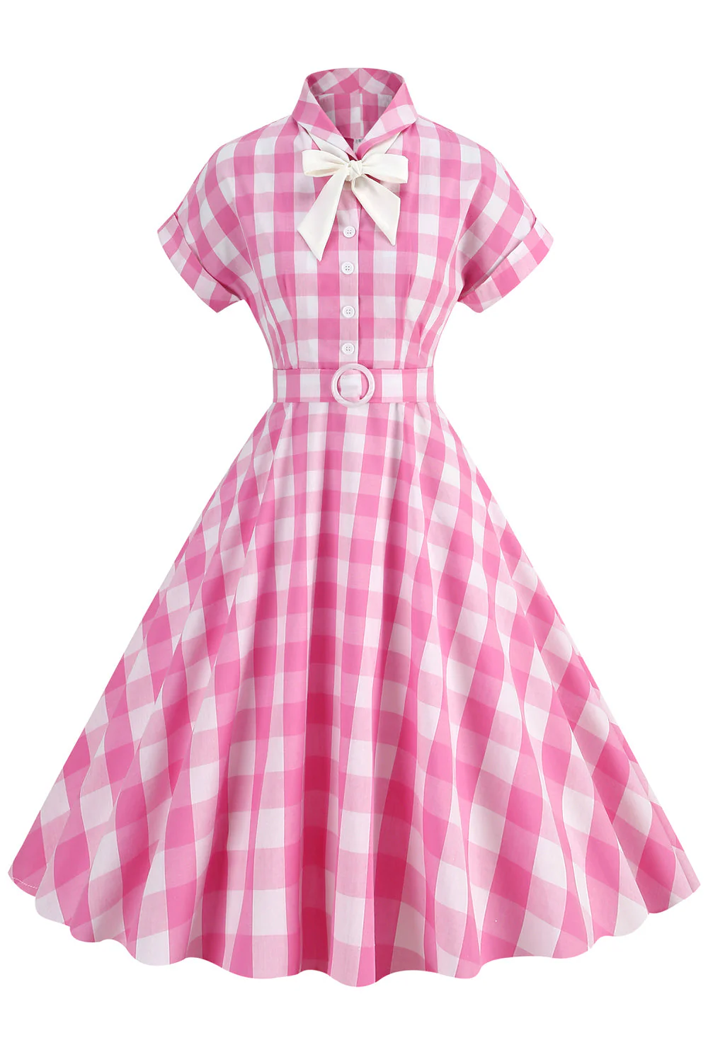Robe à carreaux rose des années 50 à manches courtes