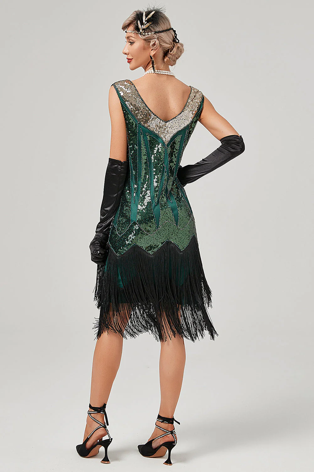 Robe de années 20 vert noir à col V et franges - Image 2