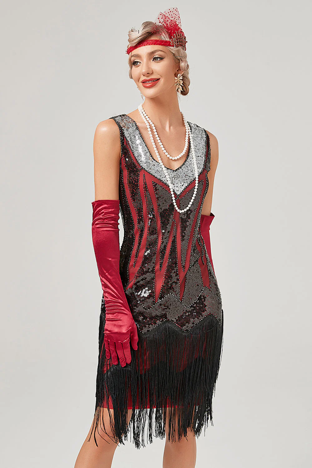 Robe de années 20 vert noir à col V et franges - Image 7