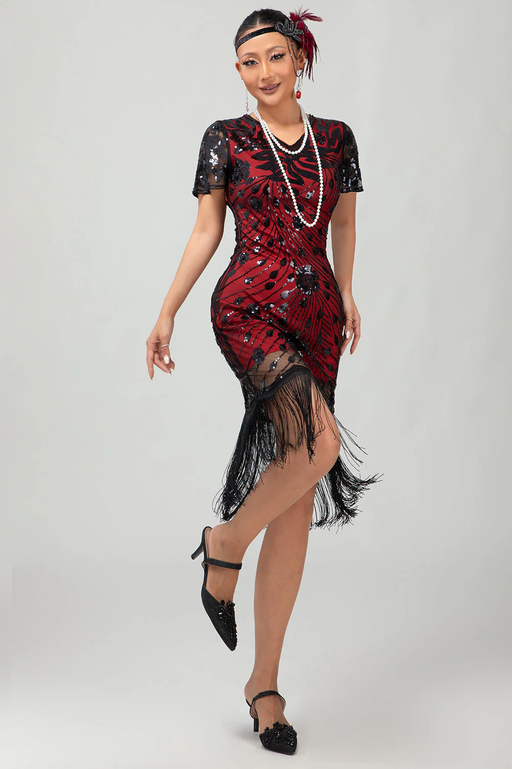 Robe à clapet à paillettes à franges rouges noires et rouges des années 1920 - Image 6