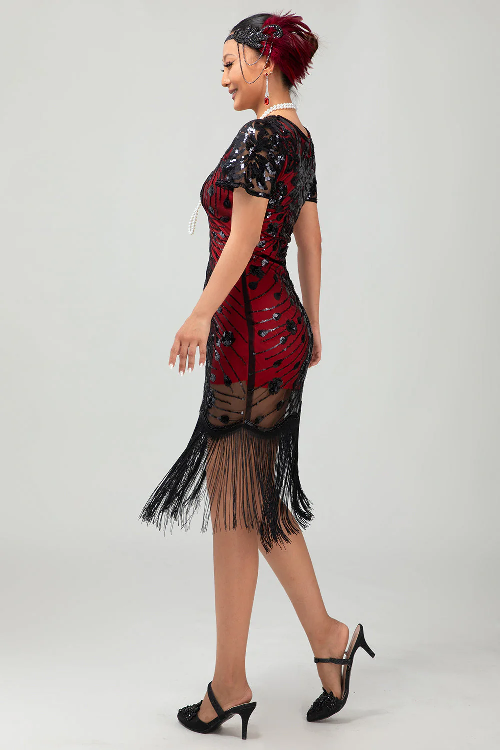 Robe à clapet à paillettes à franges rouges noires et rouges des années 1920 - Image 8
