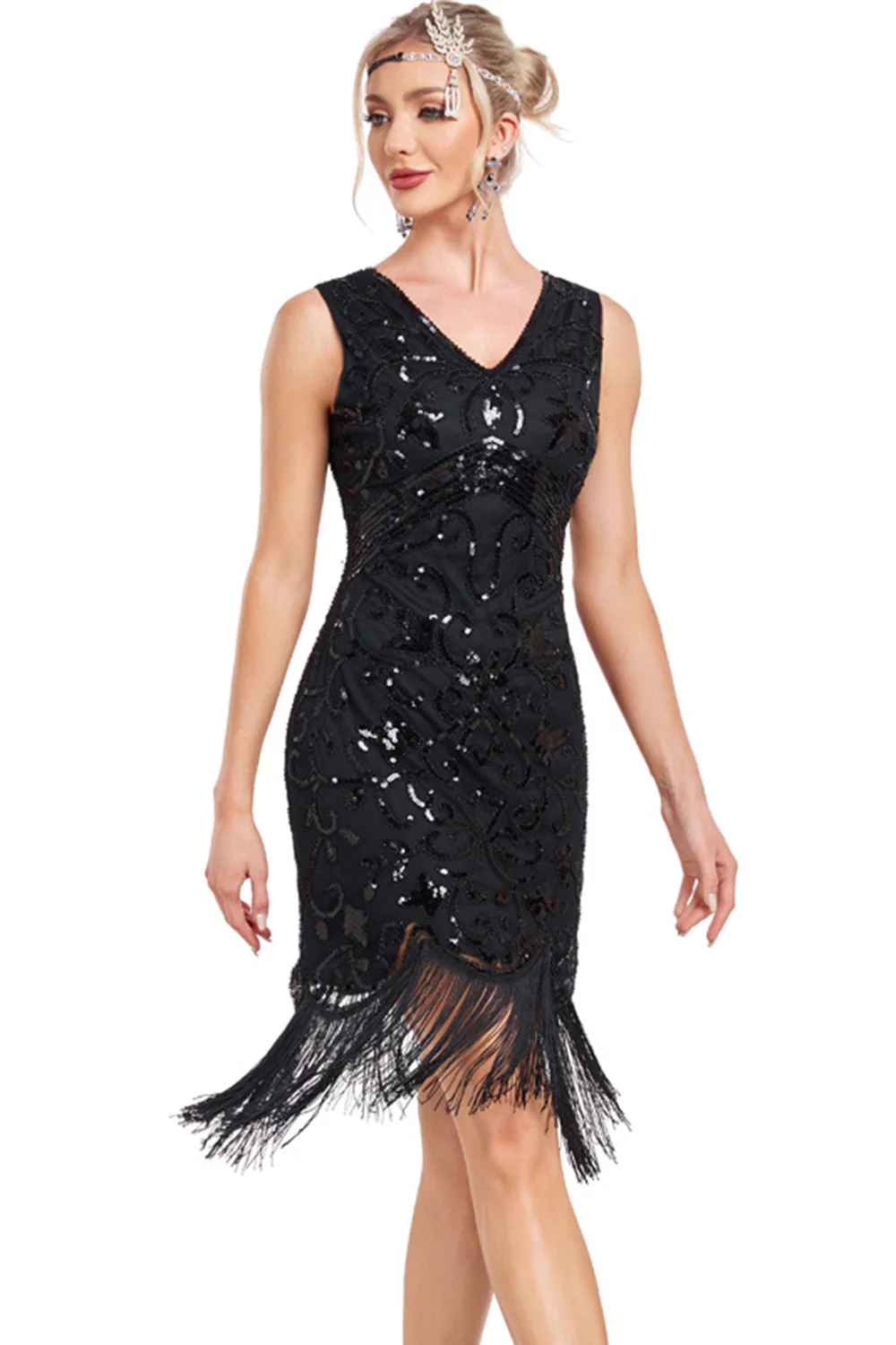 Robe Charleston noire à paillettes et franges scintillantes col en V - Image 4