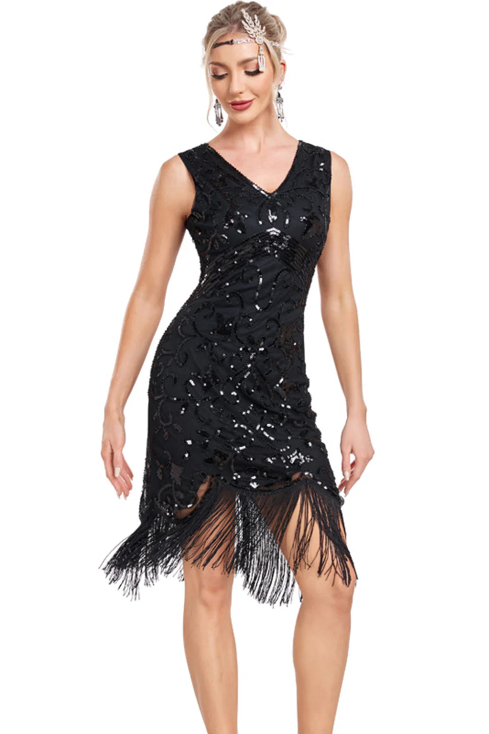 Robe Charleston noire à paillettes et franges scintillantes col en V - Image 5