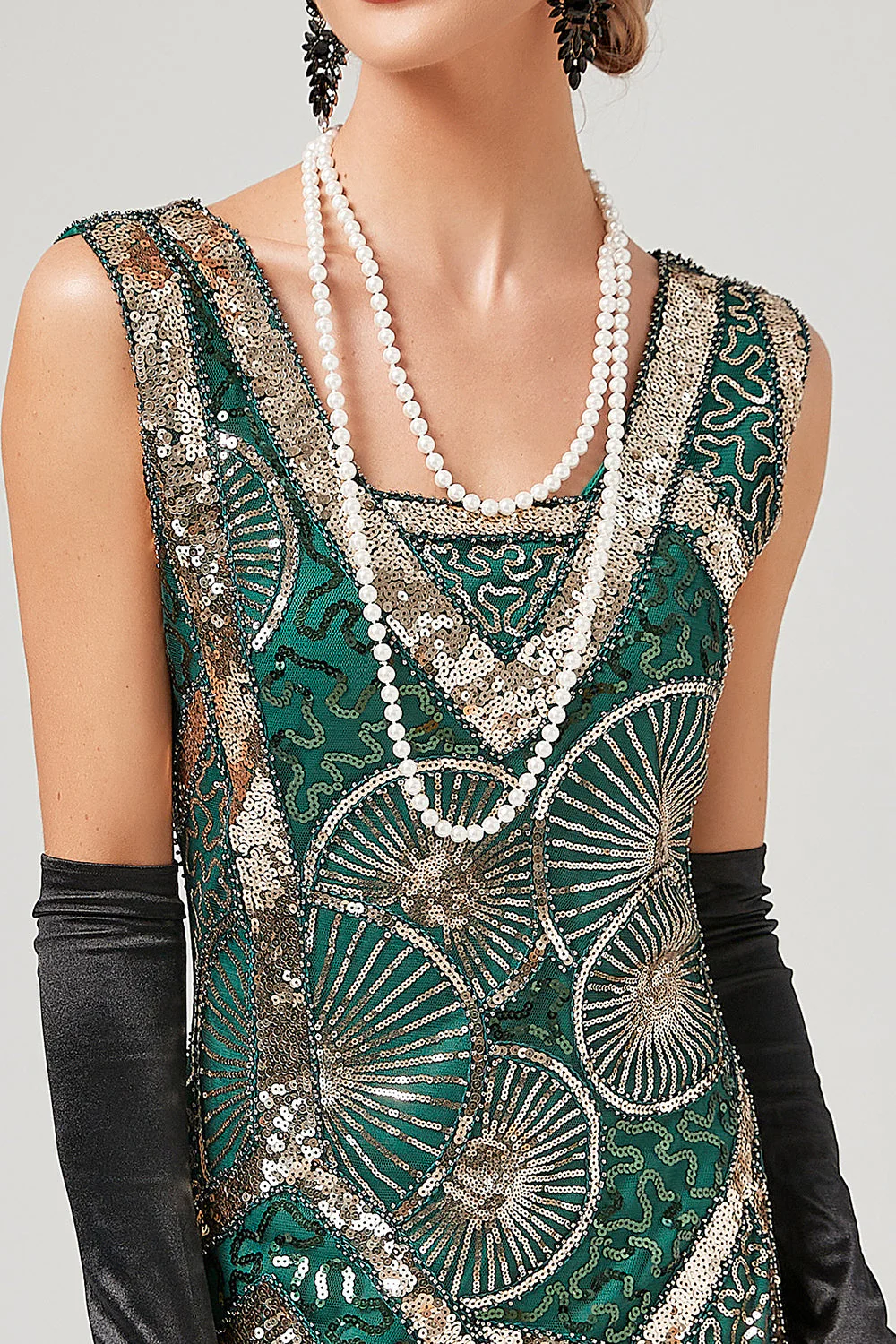 Robe à clapet vert foncé des années 20 avec franges - Image 4
