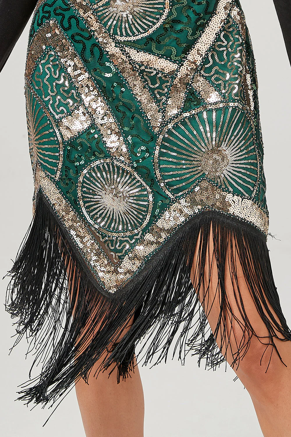 Robe à clapet vert foncé des années 20 avec franges - Image 5