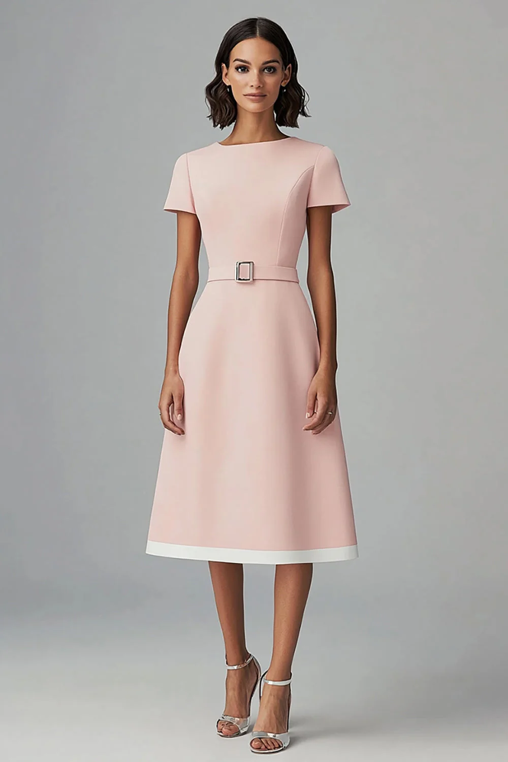 Robe à col bateau rose à corbeilles avec ceinture