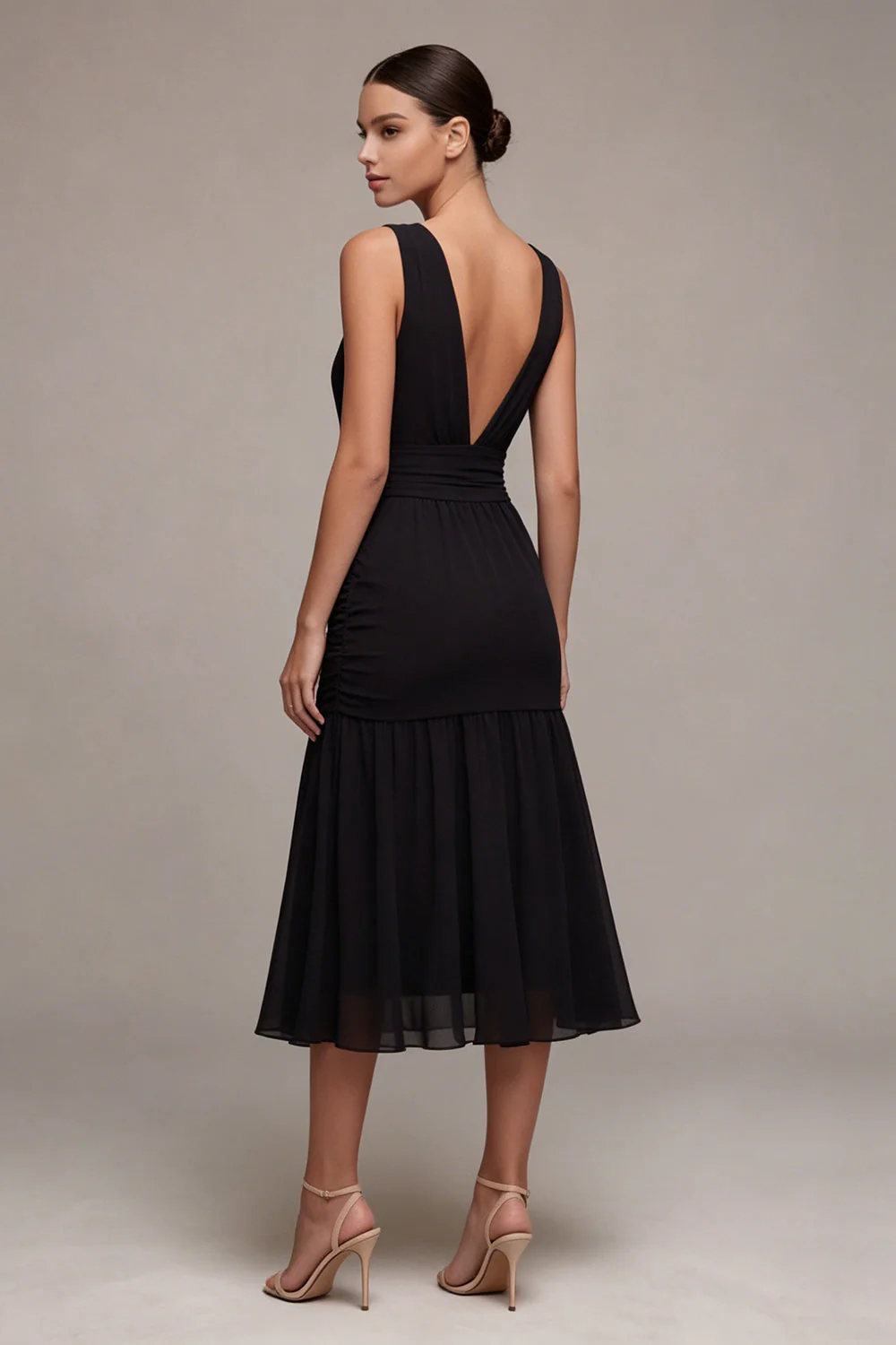 Robe à cravate noire midi à dos nu à col en V - Image 2