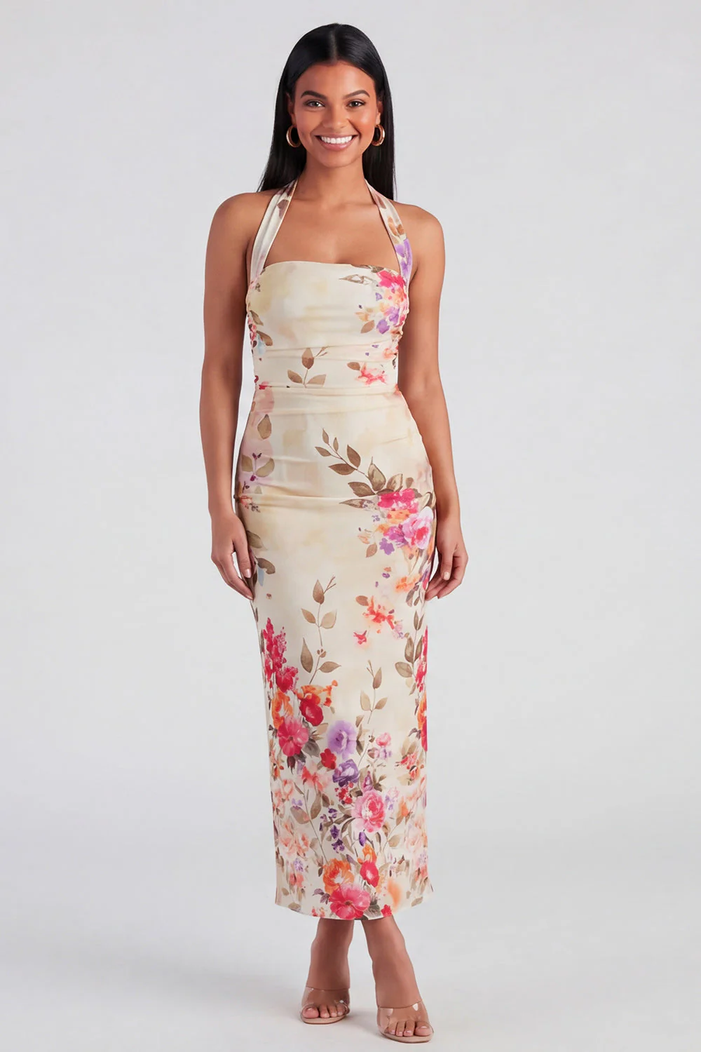 Robe à fleurs Maxi Bloomer Champagne Halter Halter Sheath - Image 3