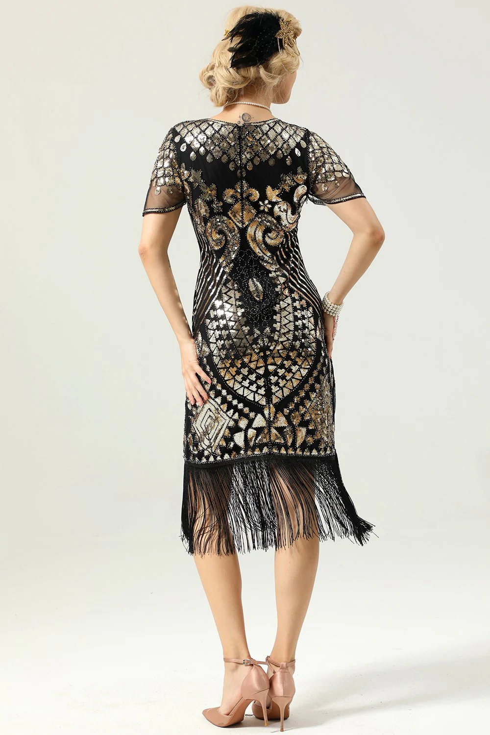 Robe à paillettes noir et or 1920 avec manches Batwing - Image 2