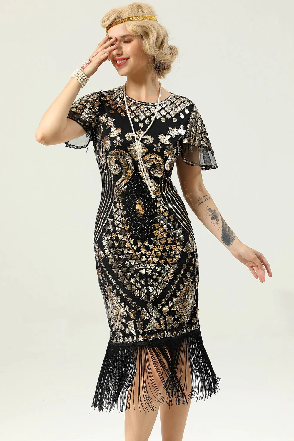 Robe à paillettes noir et or 1920 avec manches Batwing - Image 4