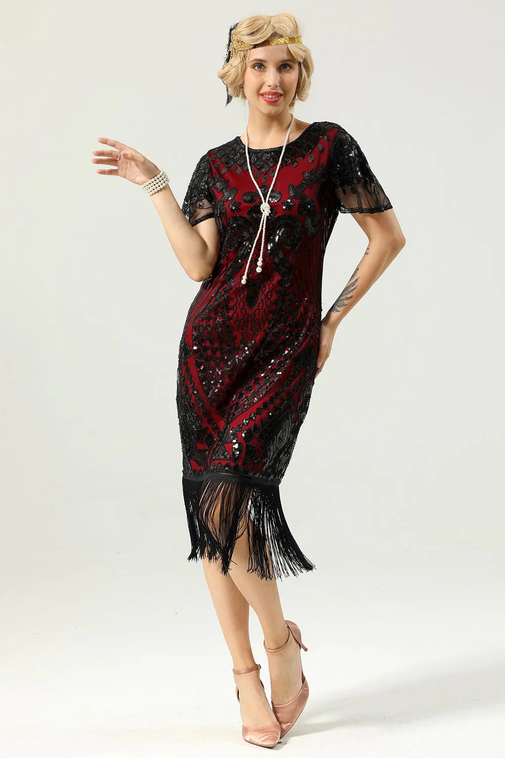 Robe à paillettes noir et or 1920 avec manches Batwing - Image 5