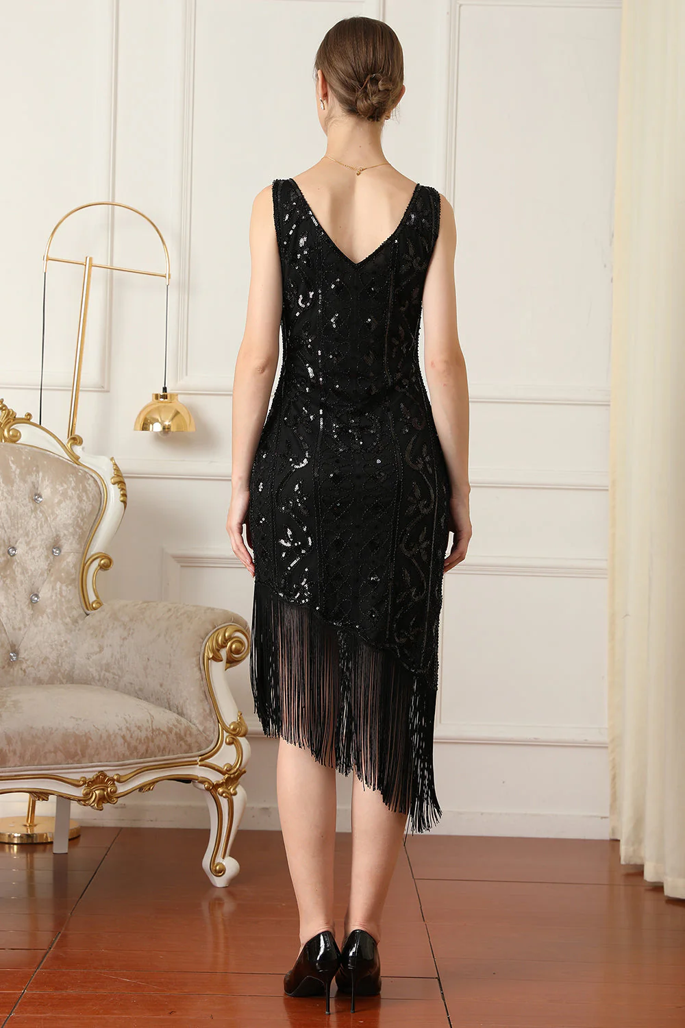 Robe à paillettes noire des années 1920 avec franges - Image 2