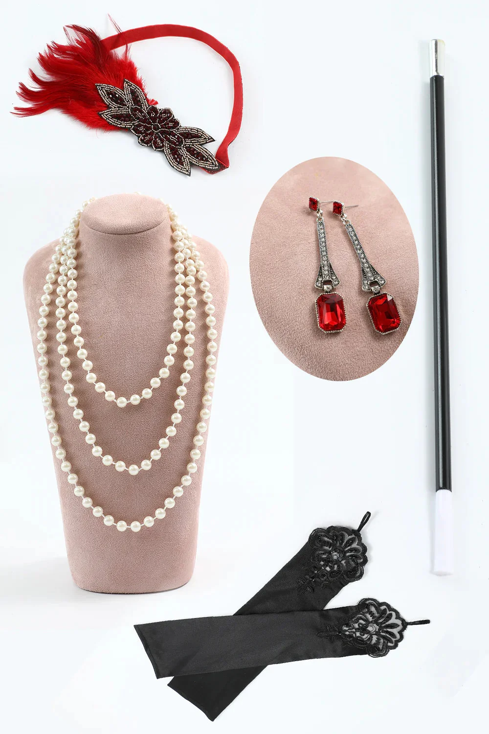 Robe à paillettes scintillante bordeaux des années 20 avec accessoires des années 20 - Image 4