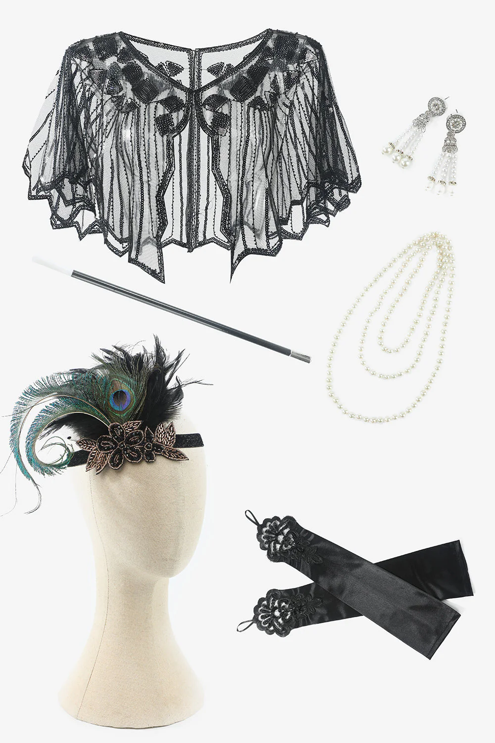 Robe à paillettes vert foncé des années 20 avec ensemble d’accessoires - Image 4