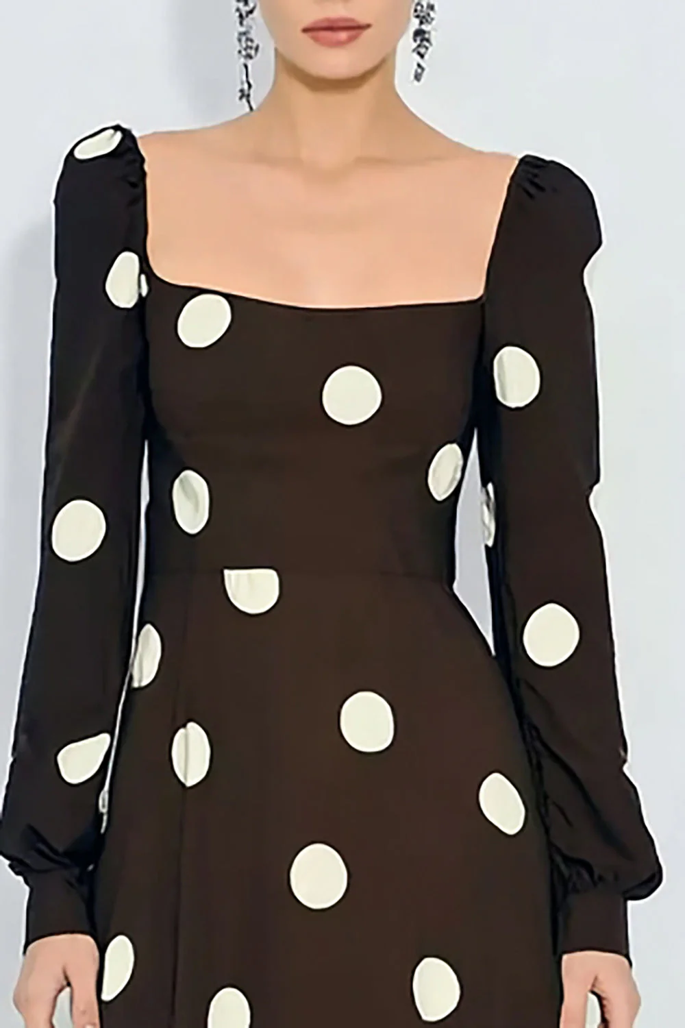 Robe à pois à col carré marron et blanc A Line avec manches longues - Image 3