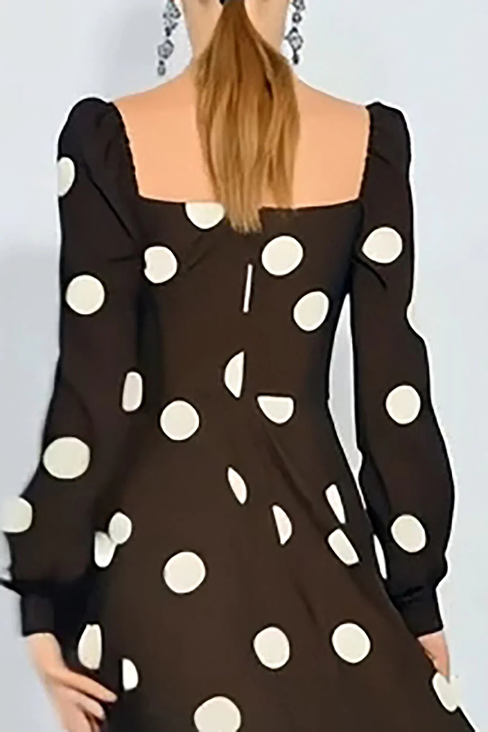 Robe à pois à col carré marron et blanc A Line avec manches longues - Image 4