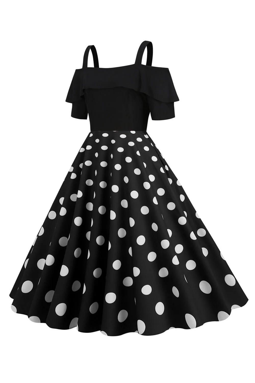 Robe à pois à pois d’épaules froides noires des années 50 - Image 3