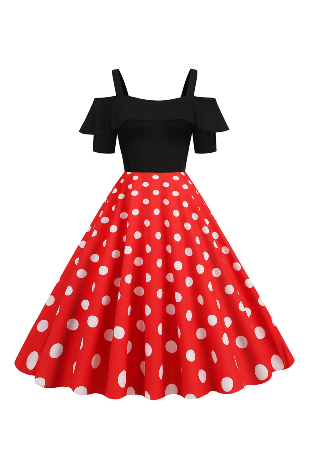 Robe à pois à pois d’épaules froides noires des années 50 - Image 8
