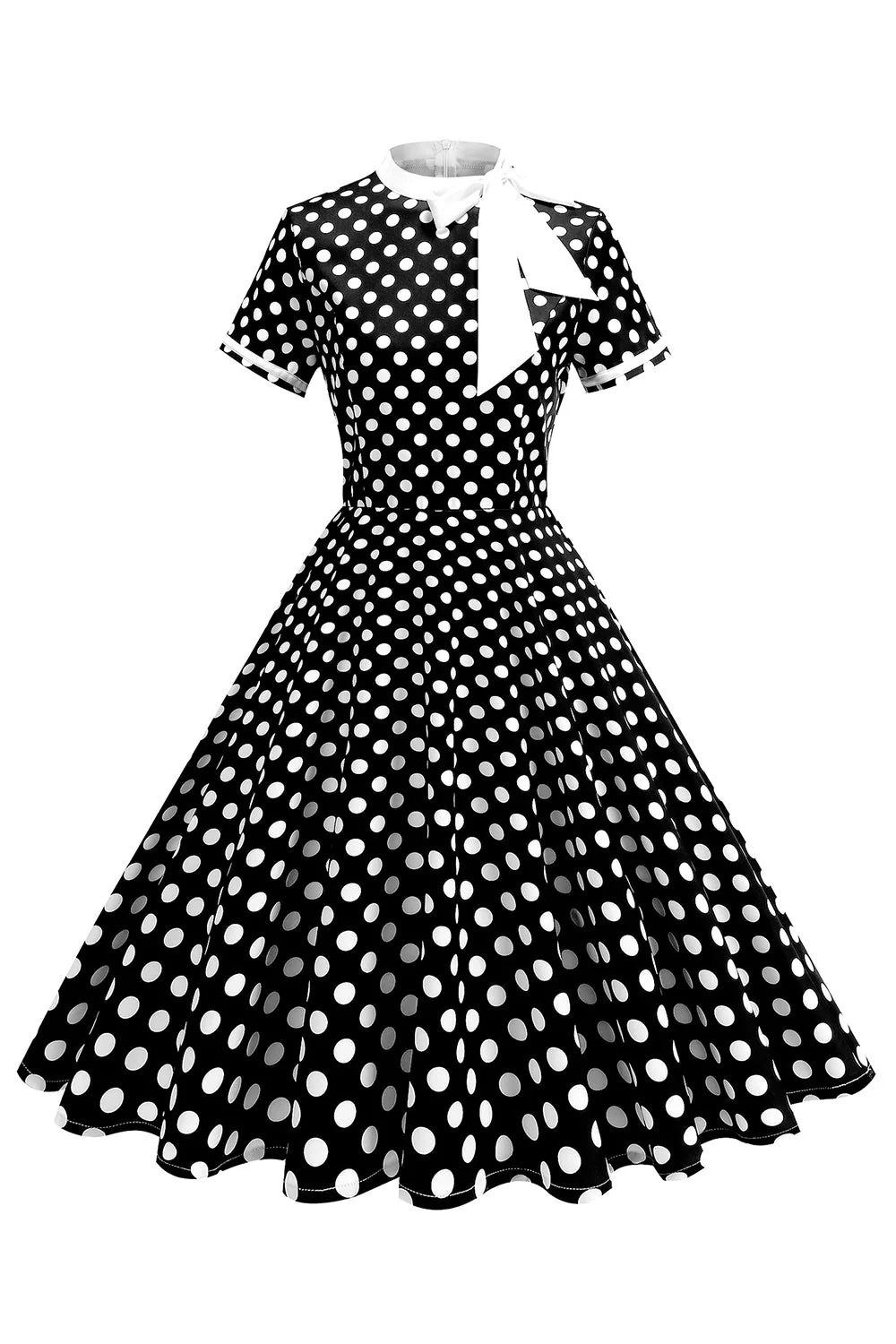 Robe à pois noirs à col haut avec un nœud A Line des années 1950