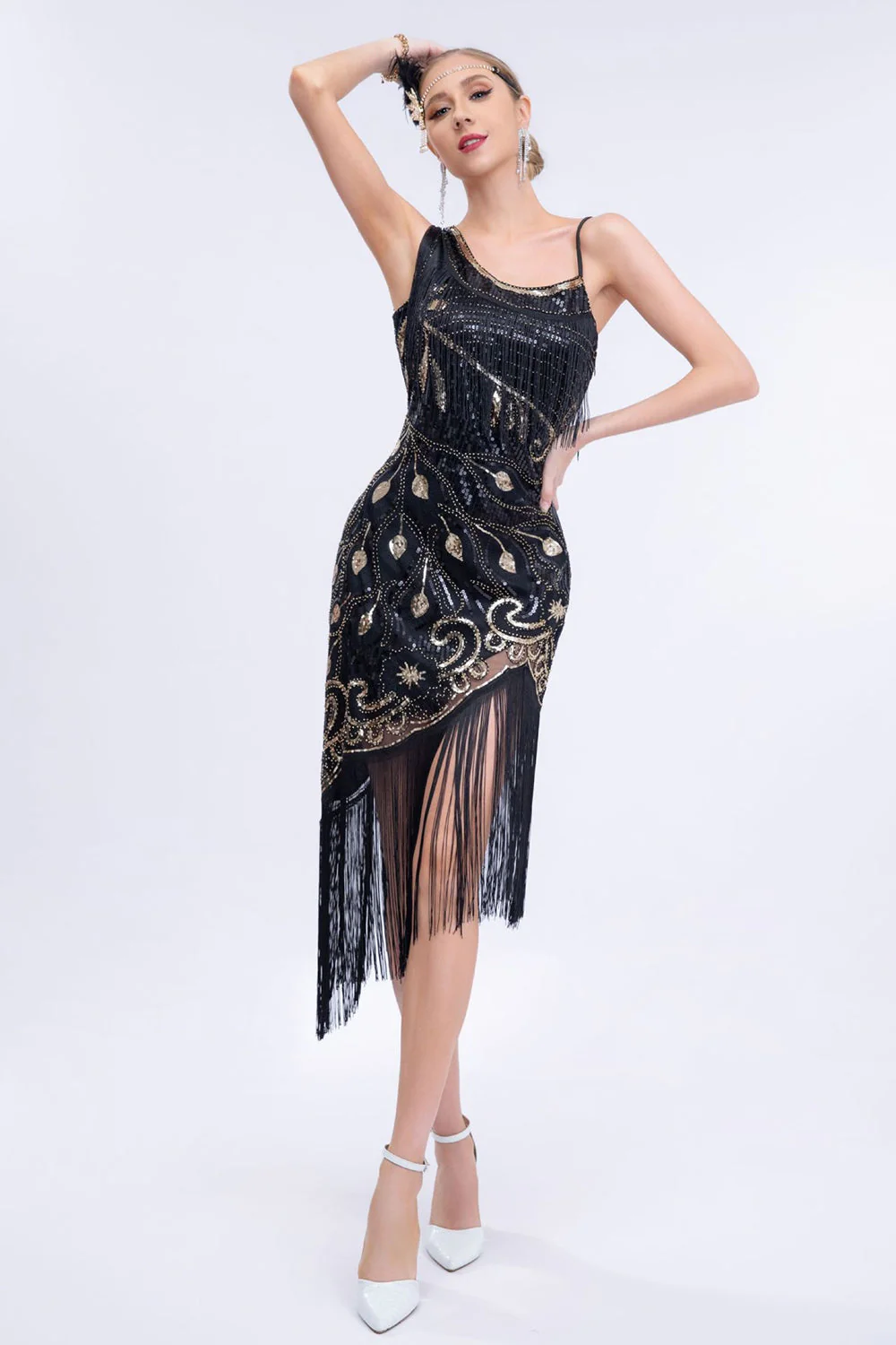 Robe asymétrique à paillettes noires des années 20 avec franges - Image 3