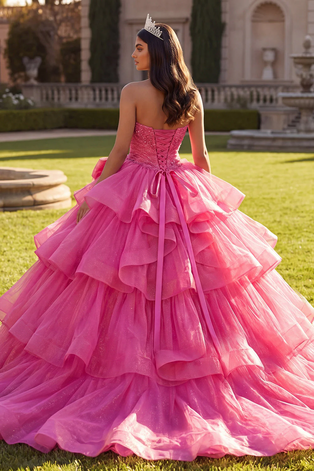 Robe-bal à volants en robe de bal fuchsia avec nœud et nœud - Image 2