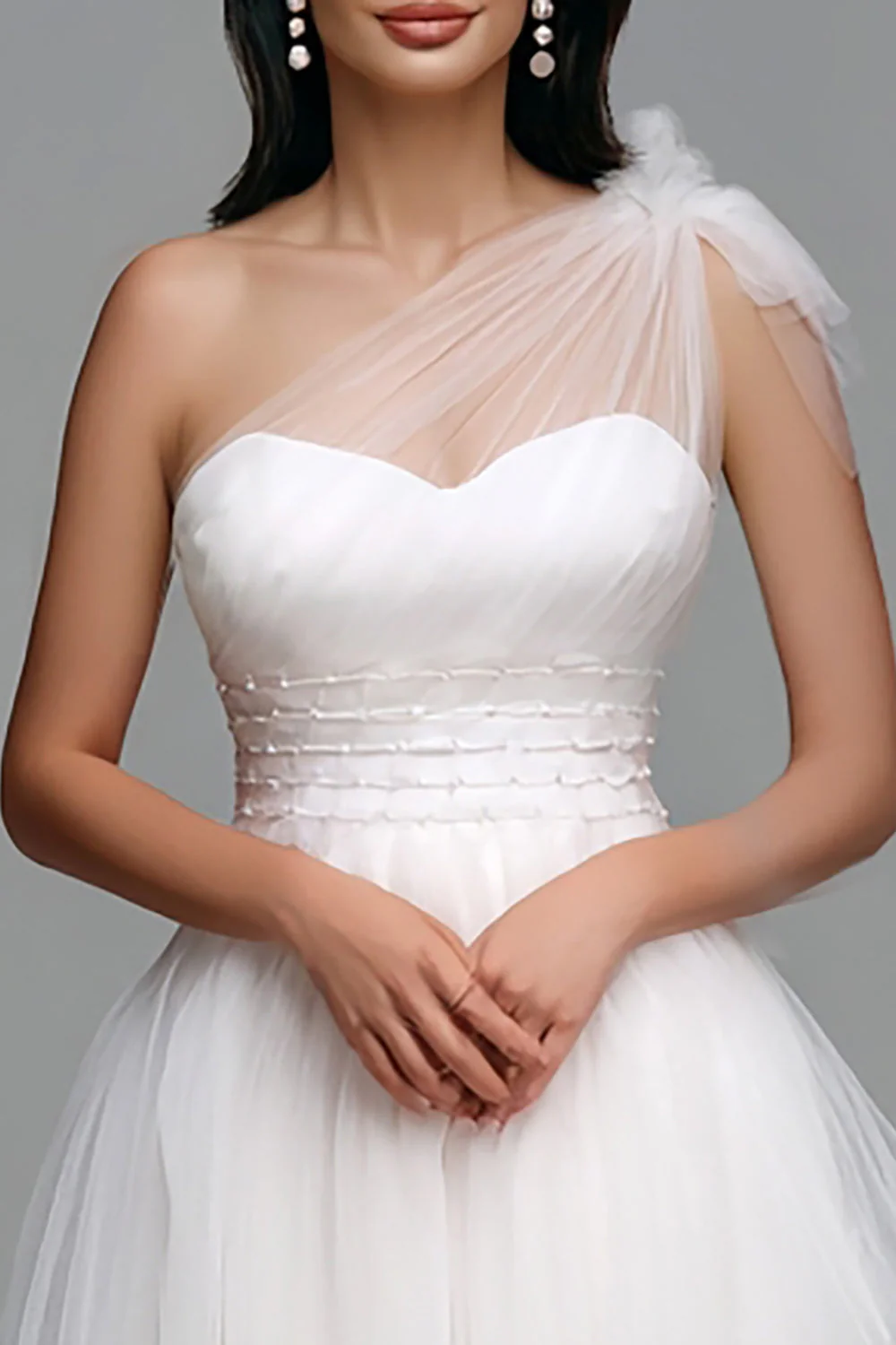 Robe blanche à une épaule en tulle haut à faibles fiançailles - Image 2
