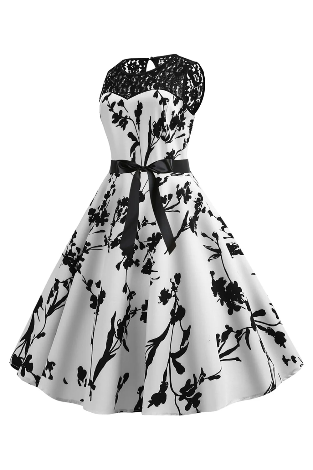 Robe blanche des années 50 imprimée sans manches avec ceinture - Image 3