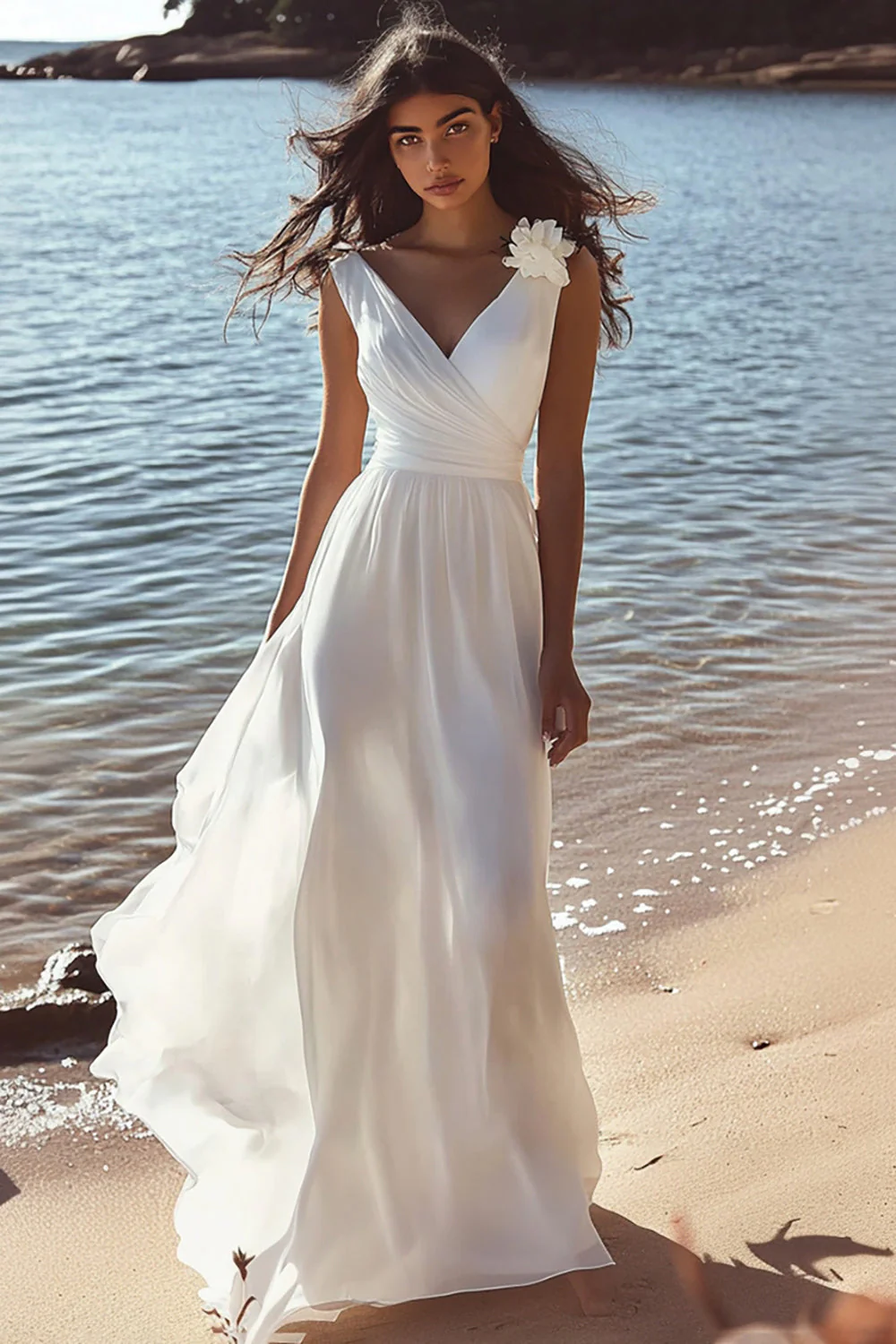 Robe blanche sans manches à col en V A Line