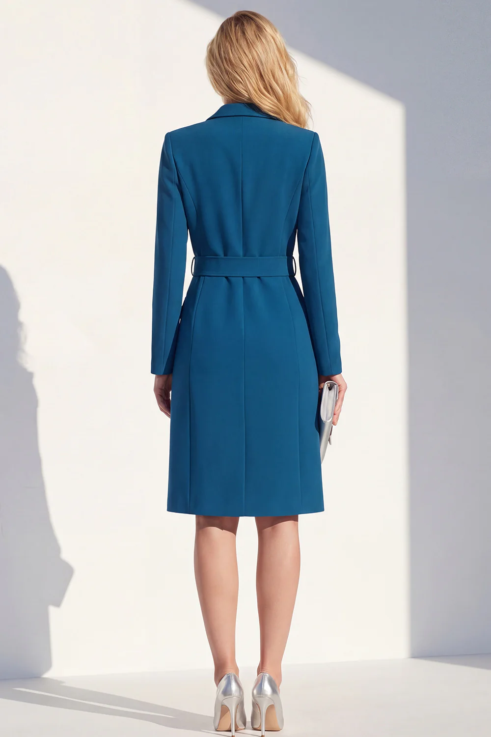 Robe blazer bleu foncé à revers simple avec ceinture - Image 2