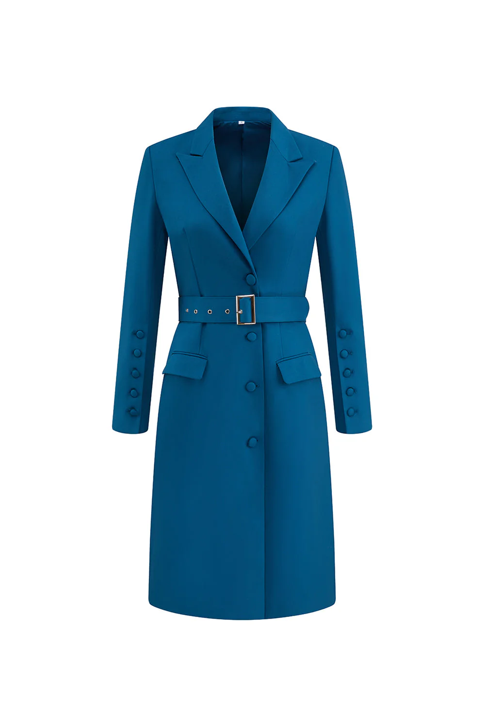 Robe blazer bleu foncé à revers simple avec ceinture - Image 3