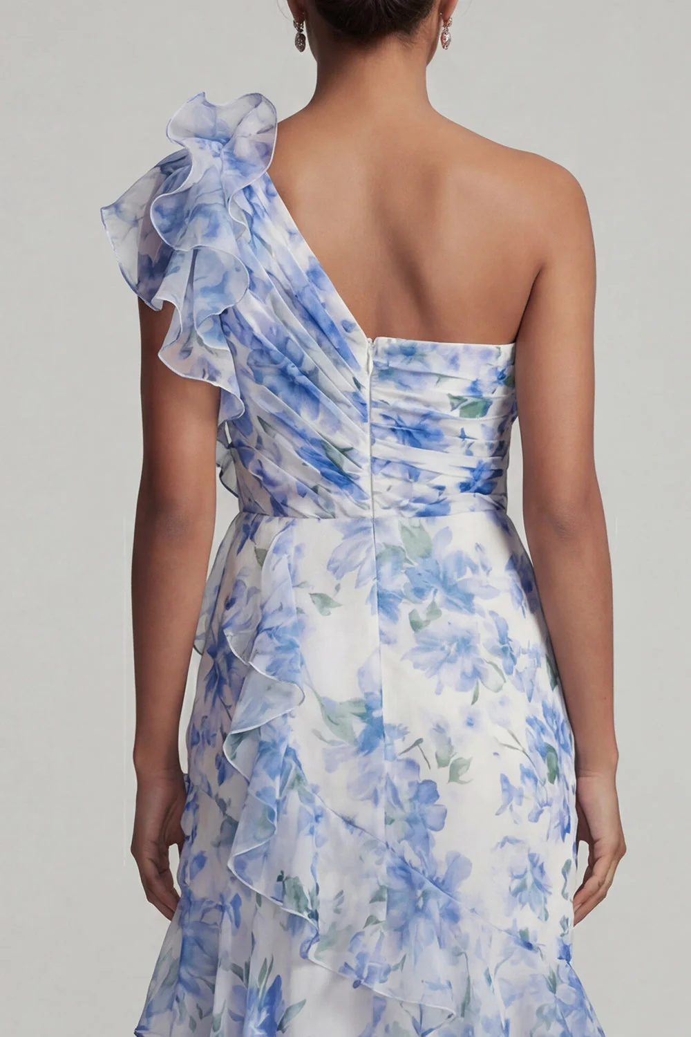 Robe bleu clair, à motifs floraux à volants et fente - Image 5