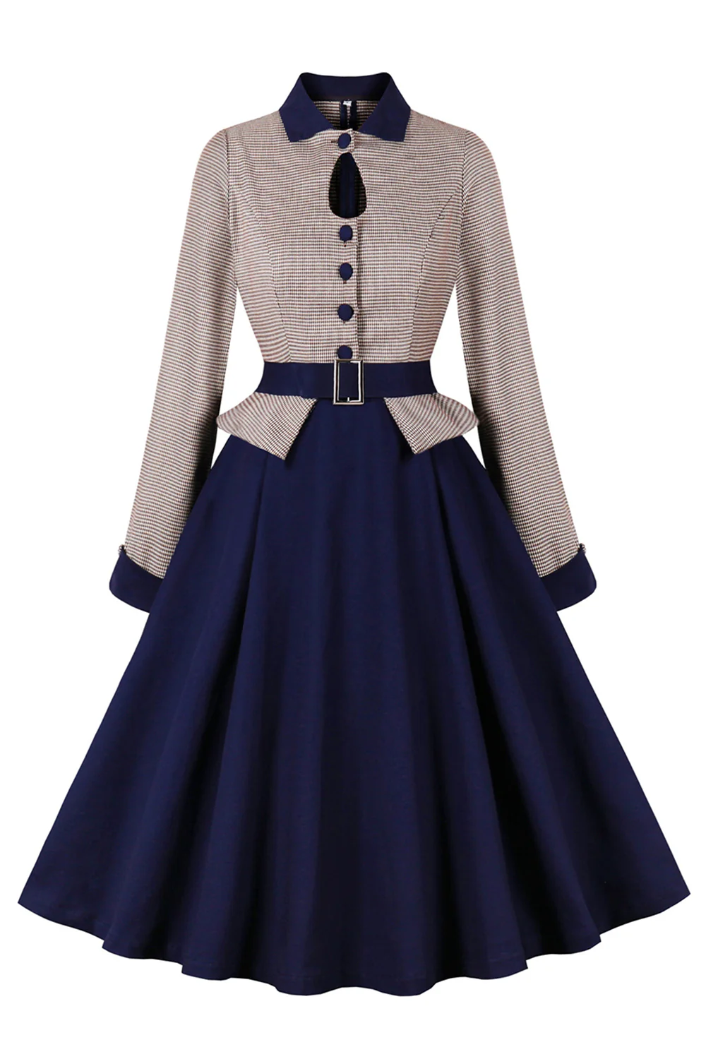 Robe bleu marine pied-de-poule ceinturée à manches longues des années 1950