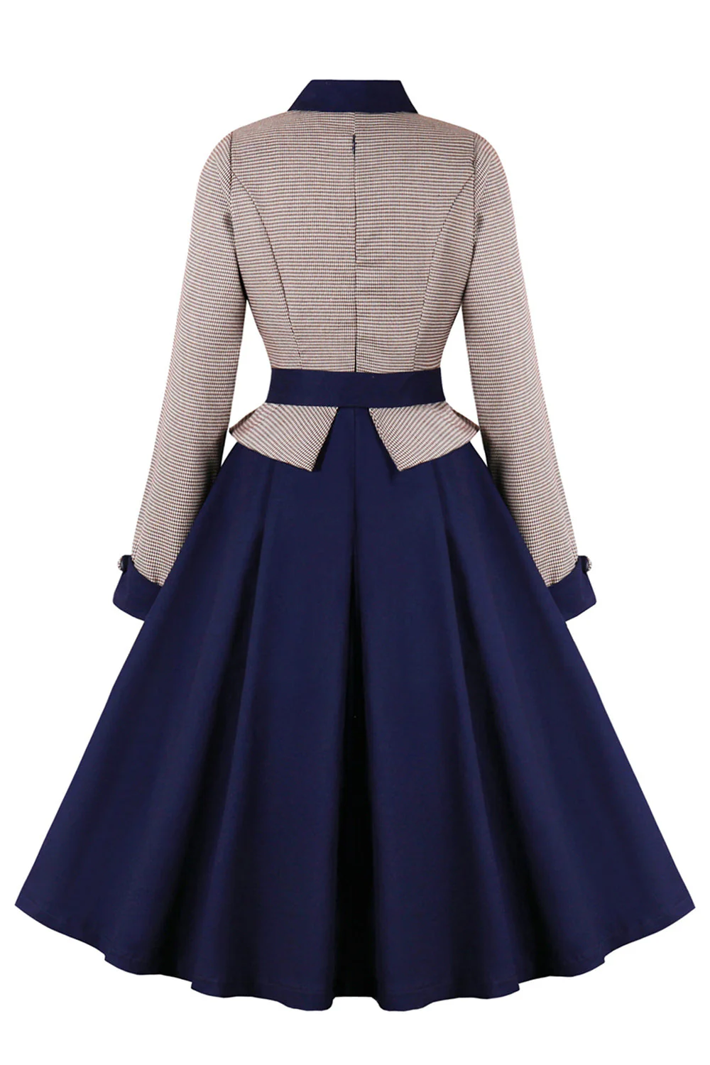 Robe bleu marine pied-de-poule ceinturée à manches longues des années 1950 - Image 2