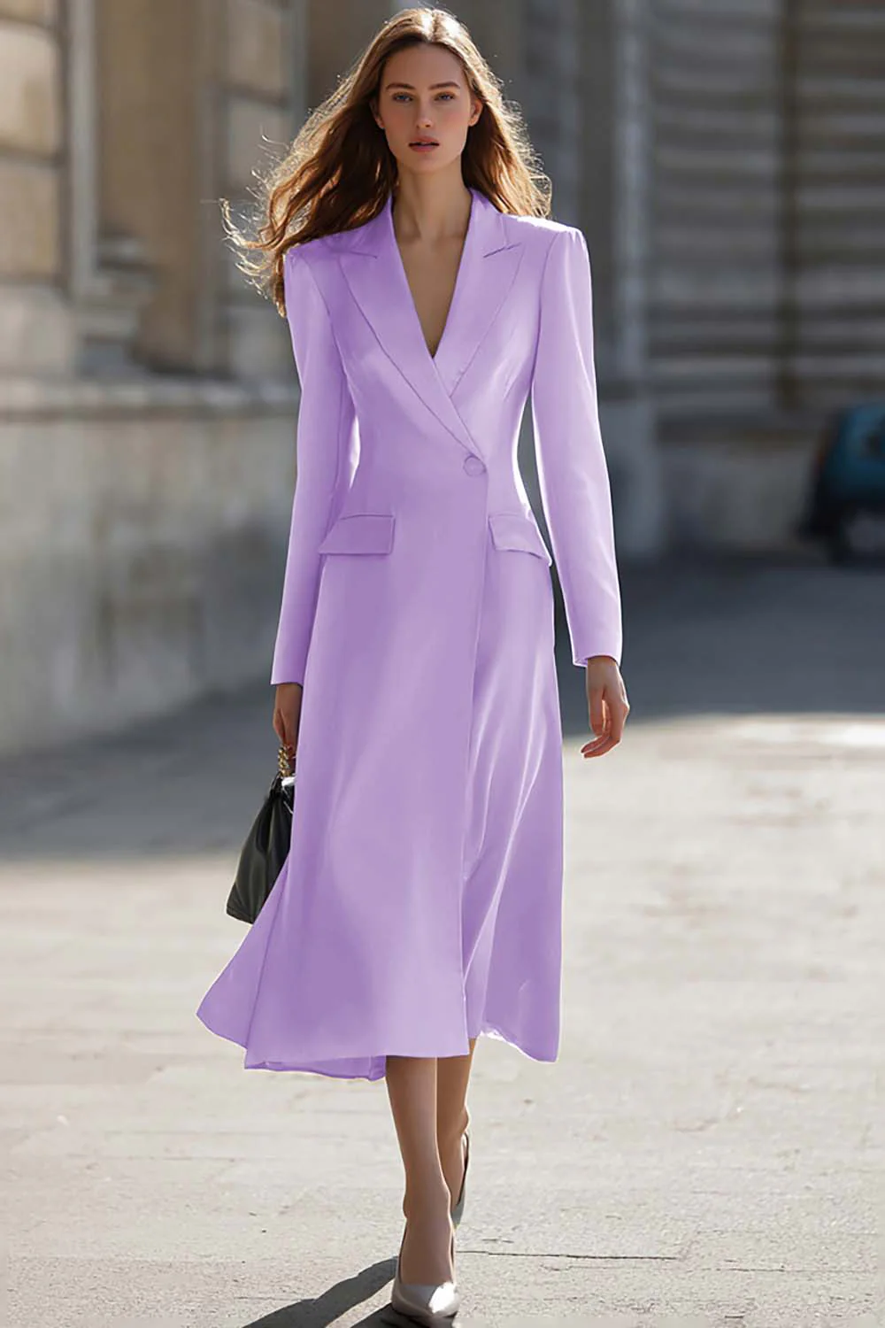 Robe de travail bleue ligne A à manches longues et revers cranté - Image 17