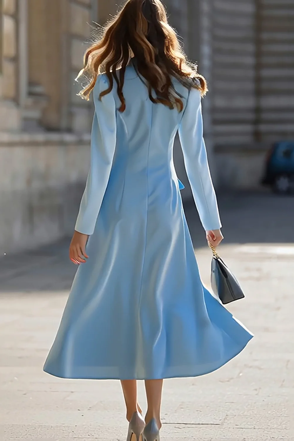 Robe de travail bleue ligne A à manches longues et revers cranté - Image 2